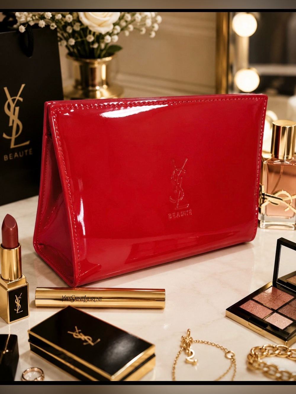 YSL Beauté Red Patent Makeup Bag Cosmetic Travel Pouch Luxury Glossy Clutch.